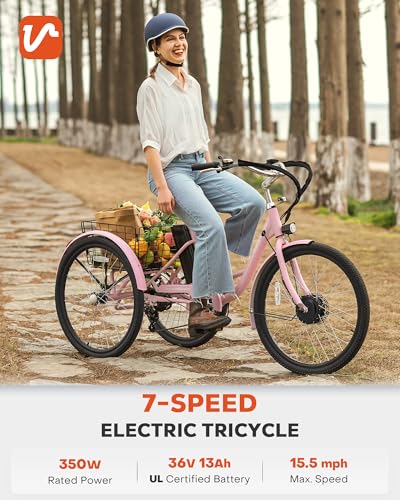 Viribus Electric Tricycle for Adults, 24 & 26 inch Electric Trike 350W(Peak 700W) with 468Wh Removable Battery, 3 Wheel Electric Bikes for Seniors, Motorized Adult Tricycle 7 Speed 330 lb. E Trike