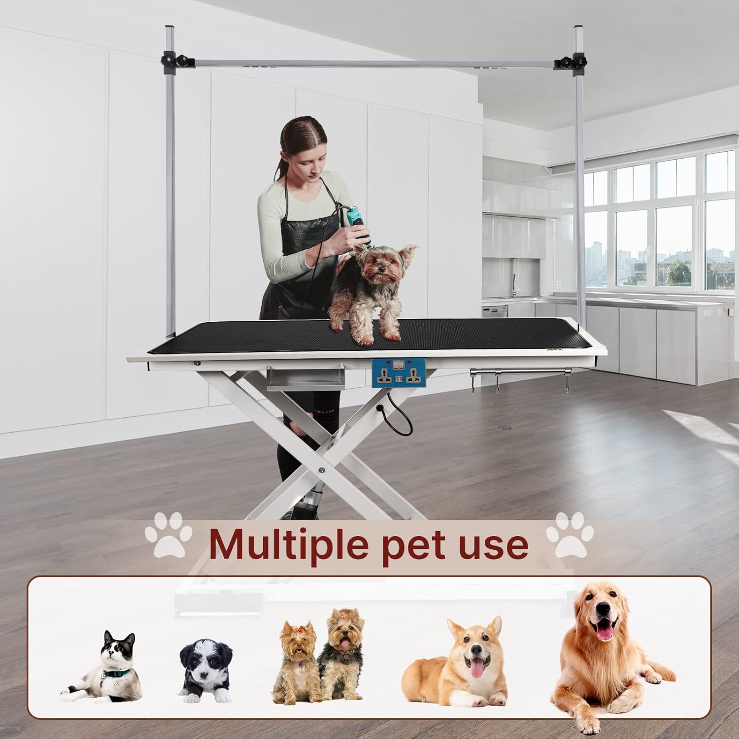Electric Lift Pet Dog Grooming Table Hydraulic Grooming Table with Adjustable H-Shape Arms and Protective Feet, Heavy Duty Height Adjustable with Overhead Arm, Clamps, and Two Grooming Nooses