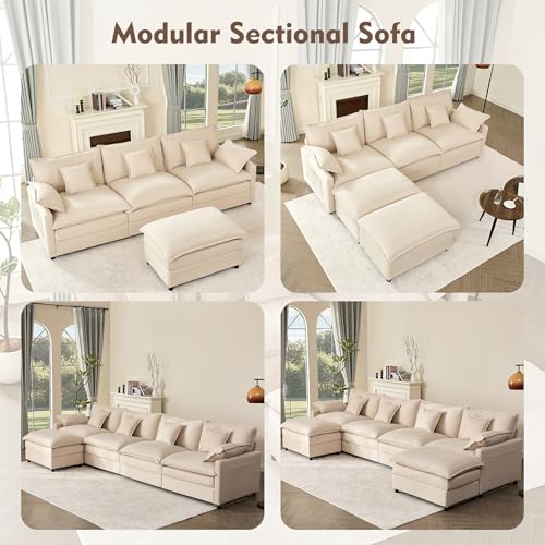 108" U Shaped Couch, Modular Sectional Sofa, 3-Seater Comfy Cloud Couch with Movable Ottoman, Deep Seat Couches for Living Room, Chenille, Black