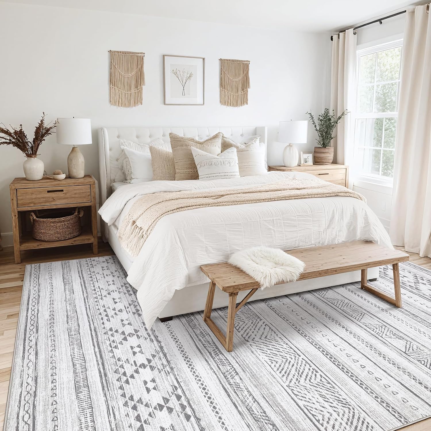 9x12 Area Rugs, Washable Rugs for Living Room, Large Soft Boho Neutral Geometric Moroccan Rug for Bedroom Dining Room, Non Slip Indoor Thin Carpet for Home Office, Cream Grey