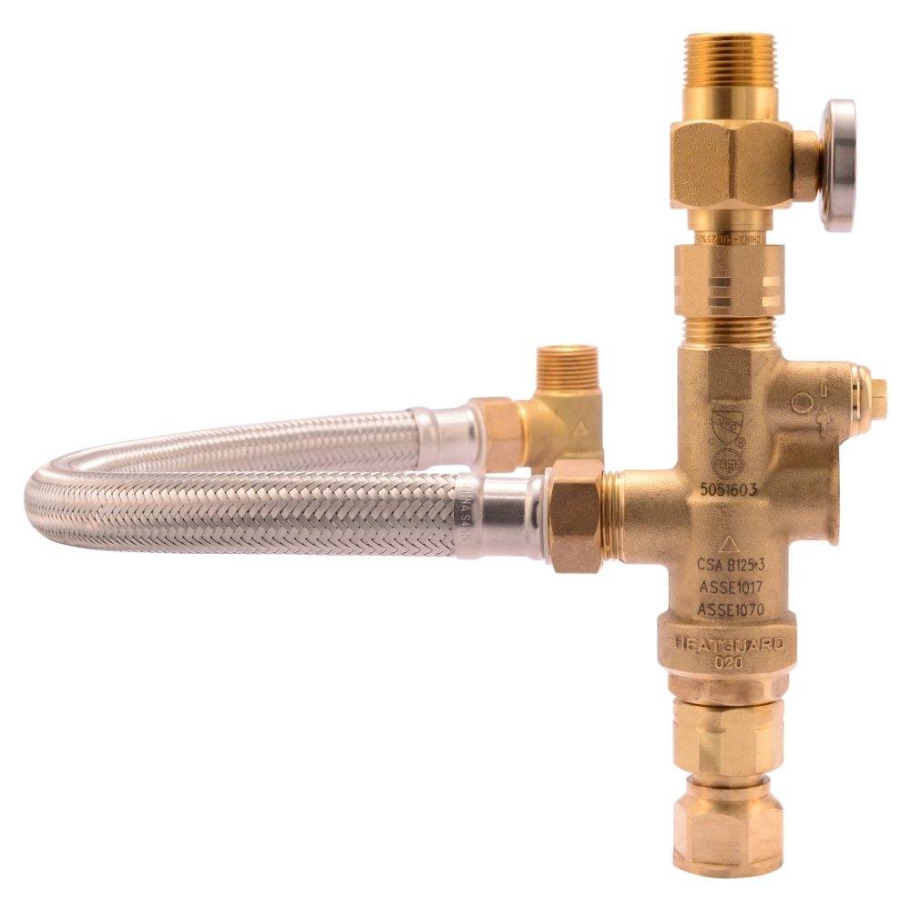 Cash Acme Water Heater Tank Booster Pro, Thermostatic Mixing Valve 3/4 with Temperature Gauge, Braided Hose, Domestic and Commercial Application