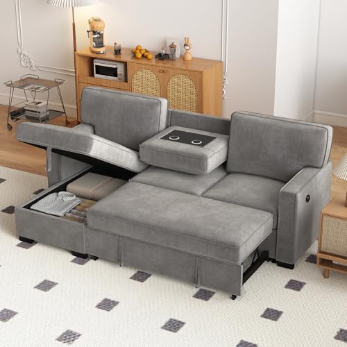 Convertible Sleeper Sofa 3 in 1, Chenille Modern L-Shaped Couches for Living Room, Pull Out Sectional Futon Sofa Bed with Storage Space, USB Ports and Cup Holders for Bedroom, Grey