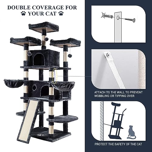 Allewie 68 Inches Cat Tree/House and Towers for Big Feline/Scratching Post/Multi-Level Large Kitty Climbing Tree with Condo/Smokey Grey