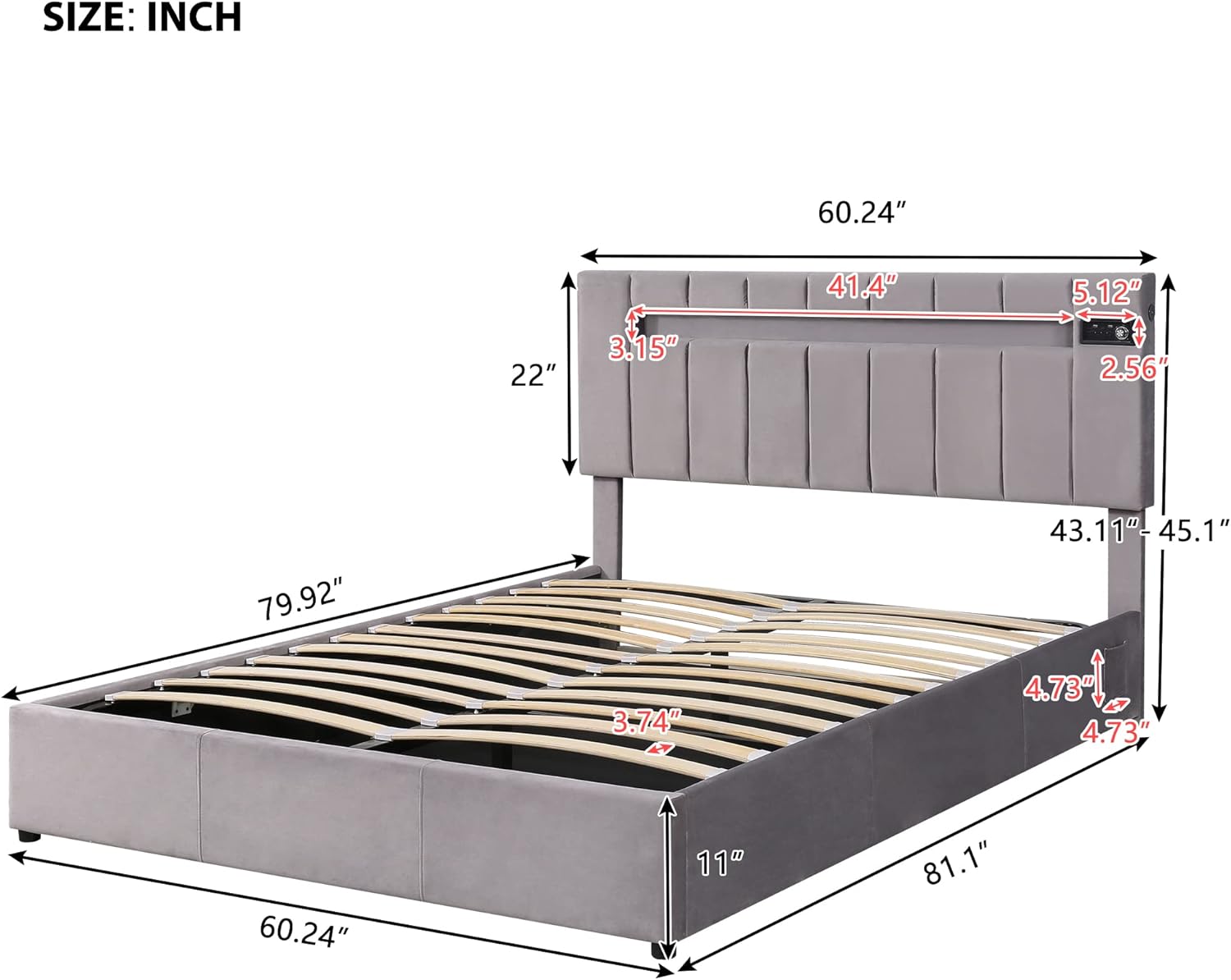 Queen Size Modern Platform Bed with Hydraulic Storage System and Headboard,Velvet Fabric Upholstered Bedframe with LED Lights,Bluetooth Player and USB Charger for Bedroom,Gray