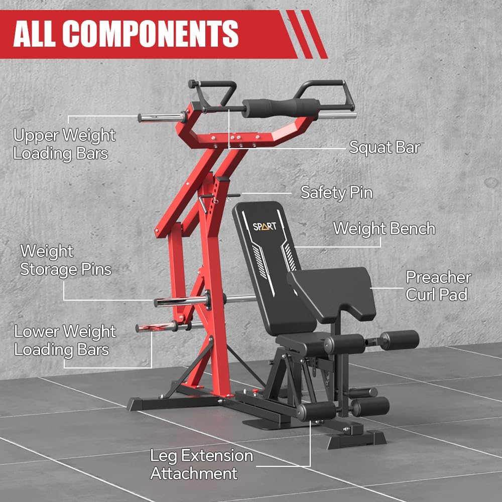 SPART Leverage Machine, Multifunctional Strength Training Station, Plate Loaded Lever Gym with Multi Bench Press for Chest, Shoulder, Back, Core, Leg, Full Body Workout Machine for Home Gym, Red