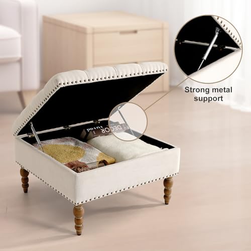 BEDHOURS Large Square Ottoman Coffee Table with Rivet Decoration, Hand-folded Roll Style Storage Ottoman with Solid Wood Shelf (Beige)