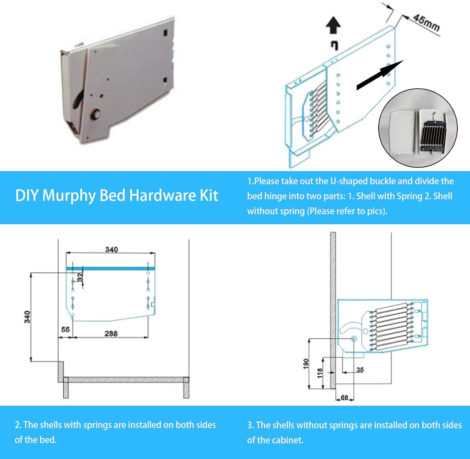 TFCFL Wall Bed Mechanical Hardware Kit, Queen-Size DIY Murphy Bed Hardware Kit for Horizontal Wall Mount