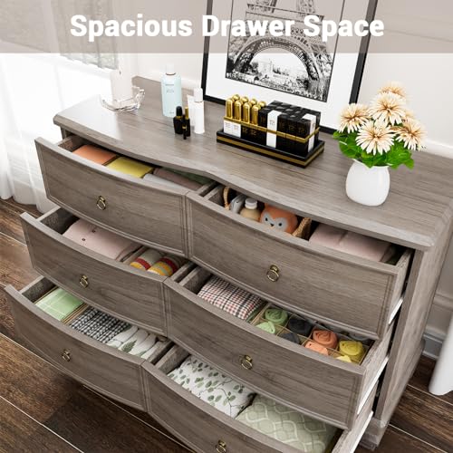 White 6 Drawer Wooden Dresser, Tall Dressers for Bedroom, Chest of Drawers Closet Organizers and Storage for Clothes - Easy Pull Handle, Textured Borders Drawers for Living Room, Hallway