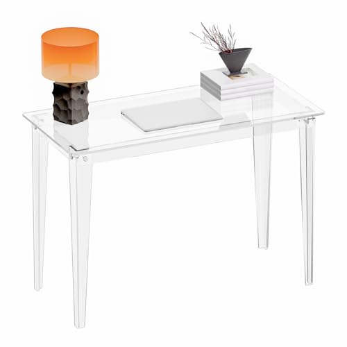 HMYHUM Acrylic Computer Desk, 43.3 Inch, Clear Study Desk for Home Office, Writing, Vanity, Modern, Easy Assembly, 19.7" W x 29.5" H, Right-Angle Legs Design