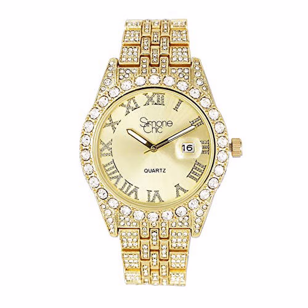 Simone Chic Fully Iced Out Diamond Watch for Women's w/Roman Numerals Easy Read Date and Colorful Dials- Designer Hip Hop Blinged Out Timepiece - ST10226RND-LA (ST10226RND-LA GLD)