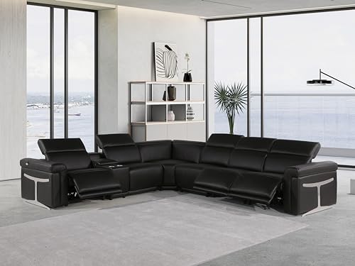 Riccardo 6-Piece Italian Leather Sectional Sofa with 3 Power Reclining Couch Seats, USB & Wireless Chargers, Headrests, Lumbar Support, Cup Holder, and Console Storage, White