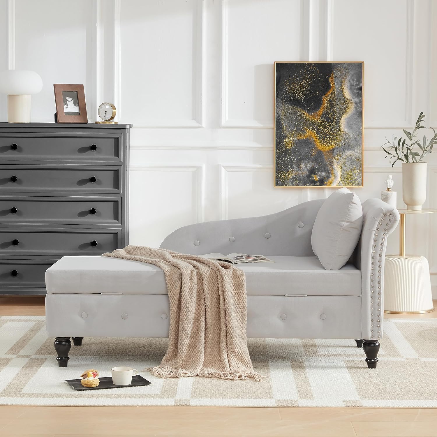 Chaise Lounge Indoor with Storage, Upholstered Chaise Lounges Sofa Recliner Chair with Pillow, Modern Nailhead Trimmed Tufted Lounge Chair for Living Room Bedroom Office, Light Grey