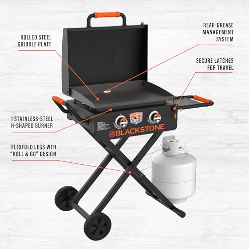 Blackstone 22” On The Go Scissor-Leg Griddle with Two Burners -Stainless Steel Gas Griddle with Hood, Wheels, Side Shelf –Heavy Duty Outdoor Stainless Steel Griddle for Backyard, Patio Camping –1935