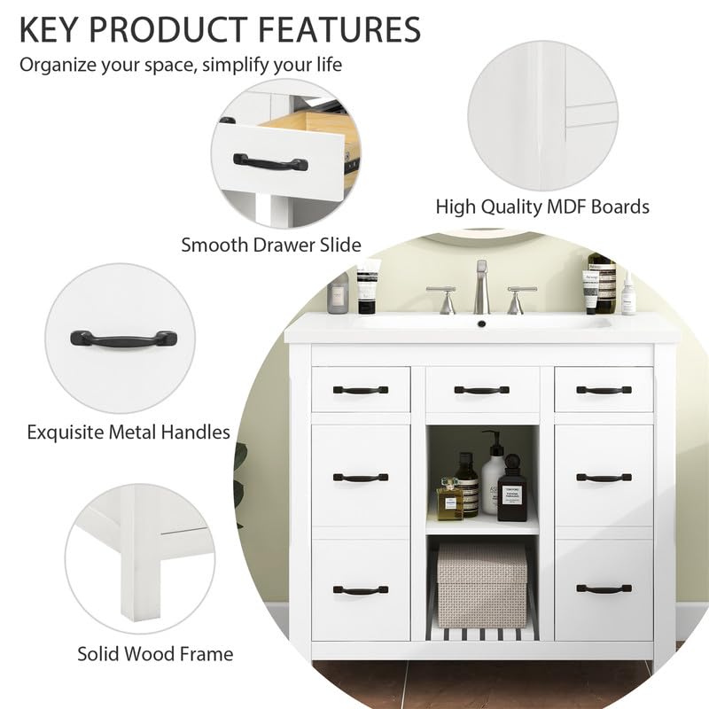 Bathroom Vanity with Sink, 36 inch Bathroom Vanity with Sink, Bathroom Sink Vanity with 3 Drawers and 2 Open Shelf, Built-in Soft Closing Door, Freestanding Bathroom Vanity Cabinet for Bathroom, White