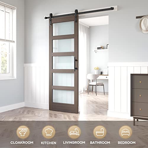 36x84 Inch Glass Sliding Barn Door Slab and 6.6ft Hardware Kit Included, 5 Frosted Glass, LVL Wood Panel Covered with White Water-Proof Scratch-Proof PVC Surface, Simple DIY Assembly