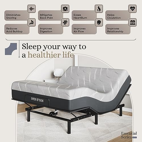 Sven & Son Essential Adjustable Bed Base (Frame Only), Easy Assembly, Head and Foot Lift, Memory Positions, Zero Gravity, Wireless Remote - Queen