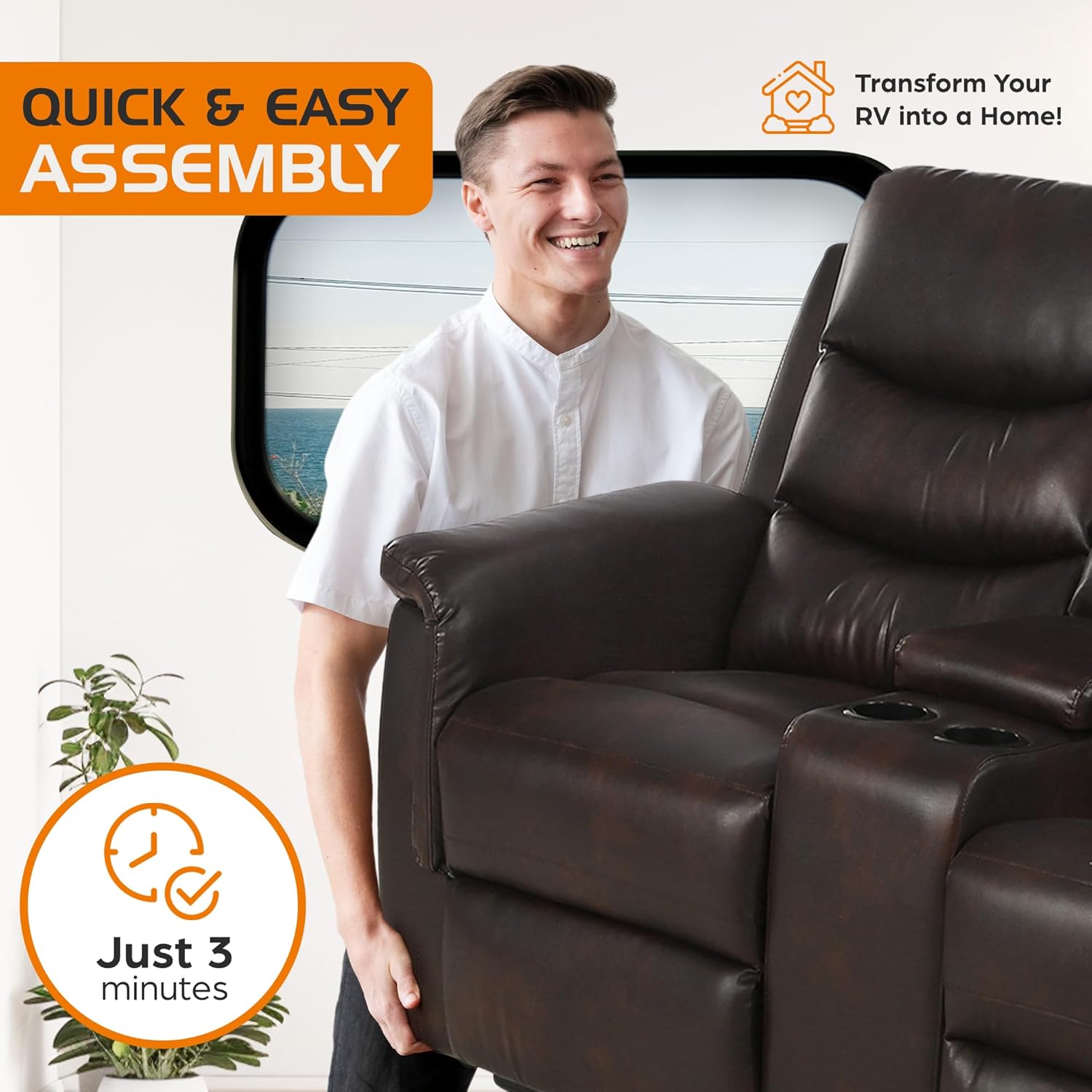 RV Loveseat Recliner Furniture Sofa - 68" Wall Hugger RV Couch with Console Cup Holder - Double Seat Reclining Chair for Motorhomes Camper Travel Trailers Fifth Wheel Browm