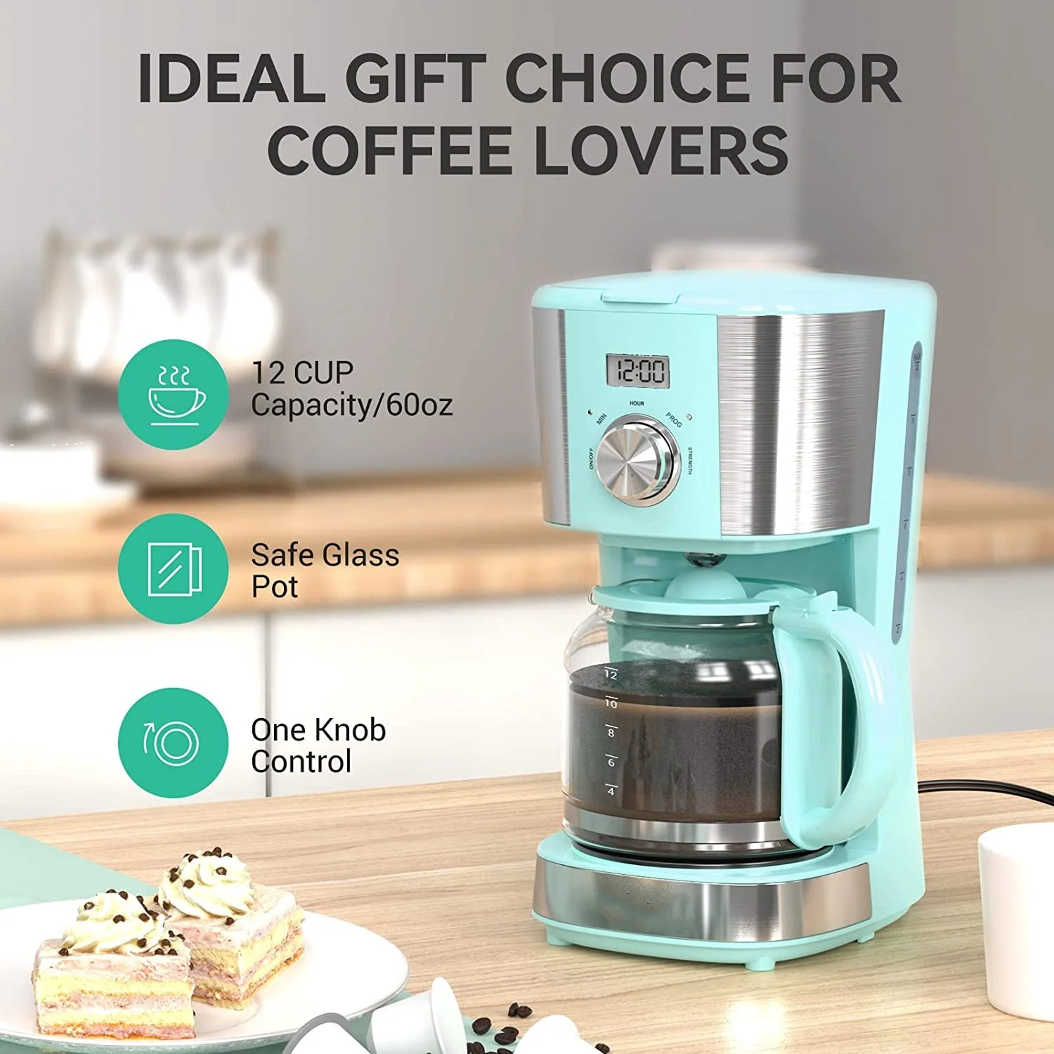 12-Cup Programmable Coffee Maker,  Drip Coffee Machine Coffee Brewer with Timer, Anti-Drip Pot, Reusable Filter, Auto Keep Warm Function for Home Office, Blue