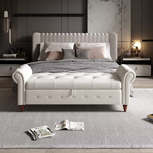 63" Long Storage Bench, Button Tufted Bed End Storage Bench with Rolled Arm and Solid Wood Legs, Upholstered Storage Ottoman Footrest for Bedroom Entryway Living Room, Space Saving, Blue