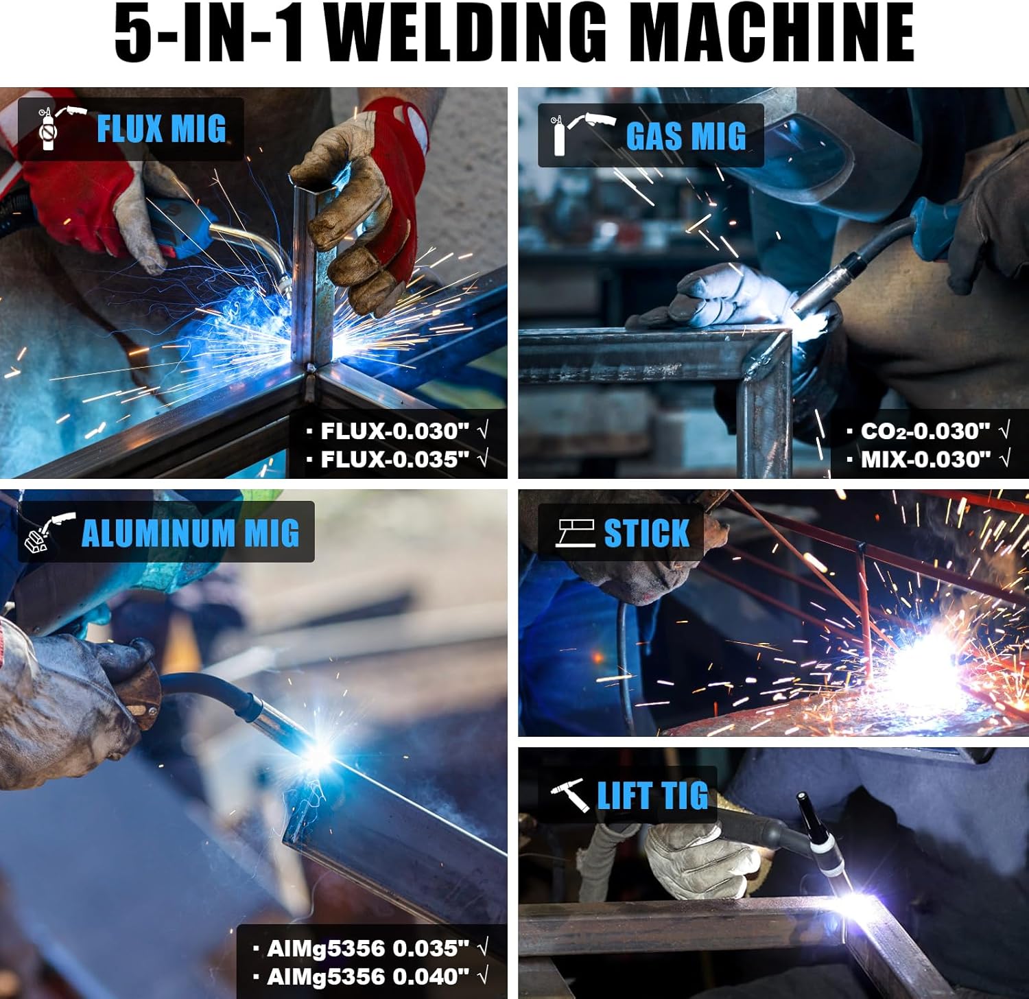 AZZUNO Aluminum MIG Welder 165Amp, Dual Vlotage 110V/220V 5-in-1 Welder Machine Gasless MIG/Gas MAG/Aluminum MIG/Stick/Lift TIG Welding with Semi-enclosed Structure