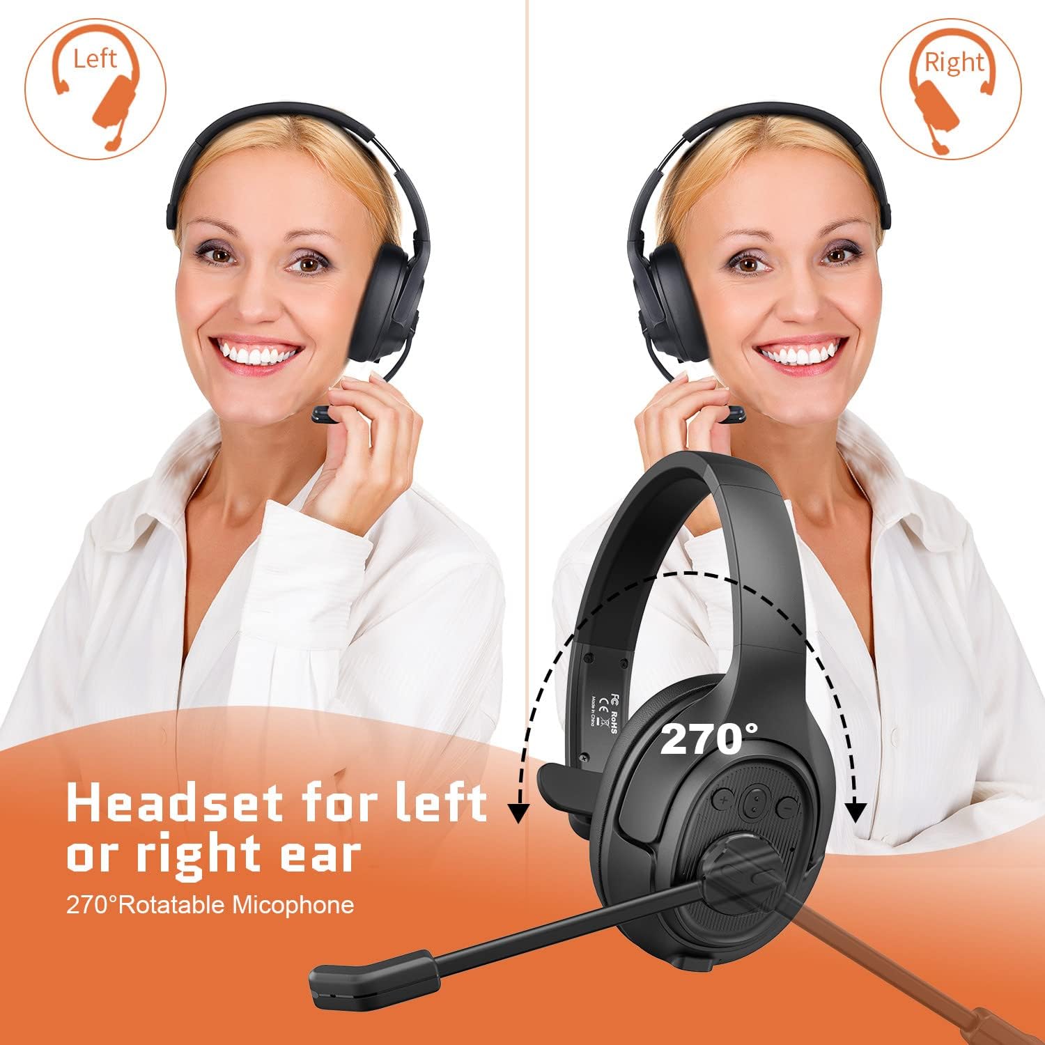 EKSA Noise Canceling Trucker Bluetooth Headset with Microphone Wireless Over Ear Headphones, 99ft Long Wireless Range, Up to 30 Hours of Talk Time, All-Day Comfort Trucker Headset with Mute Button Pack of 2