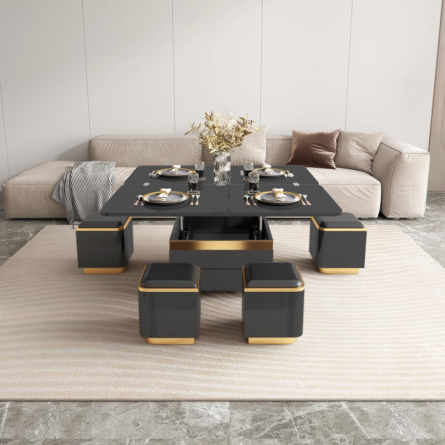Black Lift Top Coffee Table with 4 Storage Stools, 3 in 1 Multifunctional Storage Coffee Table, Coffee Table with Lift Top, Adjustable Coffee Table Converts to Dining Table for Living Room