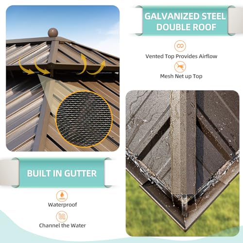 MELLCOM 12'x16' Hardtop Gazebo, Galvanized Steel Metal Double Roof Canopy with Curtains and Netting, Brown Permanent Pavilion Gazebos with Aluminum Frame for Garden, Patio, Lawns, Deck