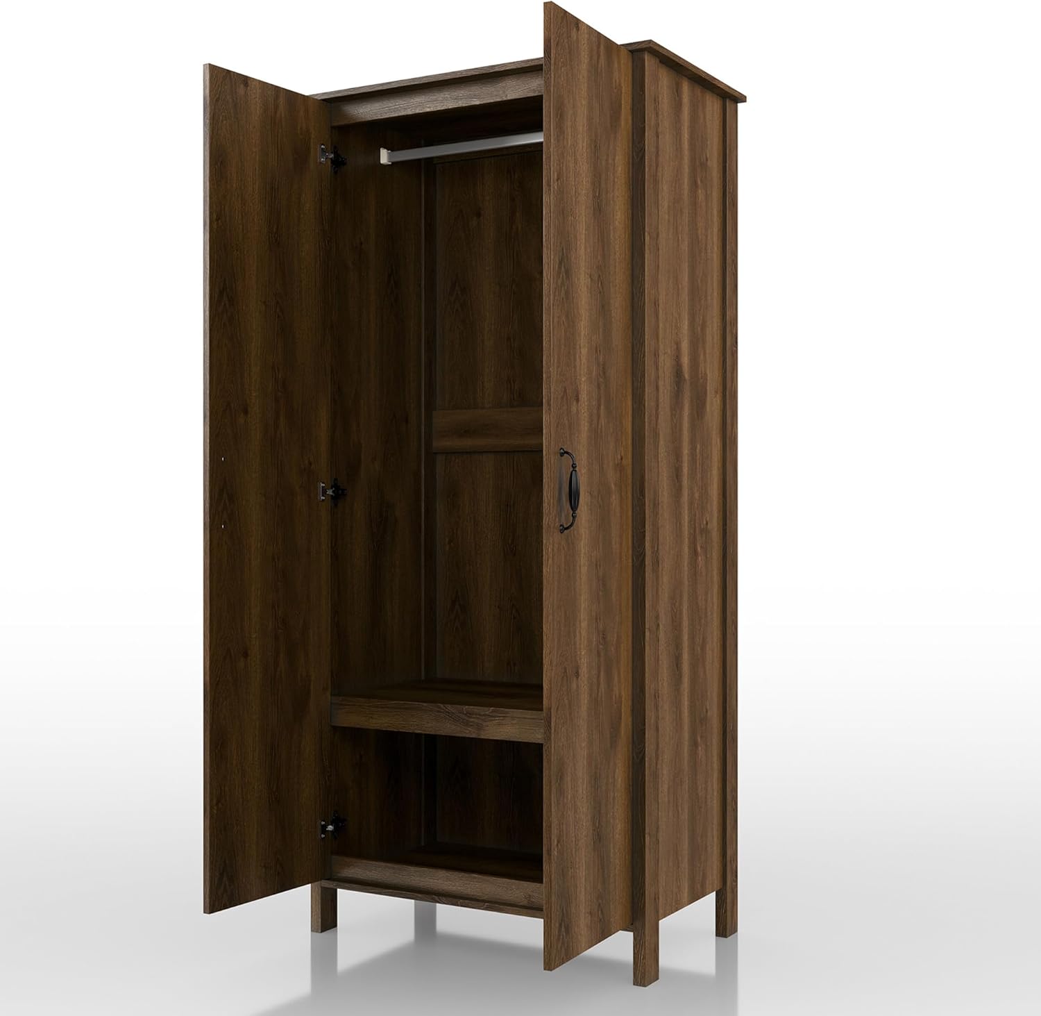 24/7 Shop at Home Piper Farmhouse 2-Doors Wood Armoire Wardrobe Closet with Fixed Shelves and Hanging Rack, Freestanding Clothes Cabinet for Bedroom, Guest room, Basement, Walnut Brown