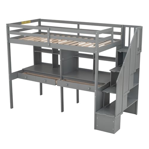 Full Size Loft Bed with A Desk, Wardrobe and Three Storage Drawers, Open Storage Cabinet, 64.9''H Wood Loft Bed Frame with Wood Slats Support, Space-Saving Design (Gray * Full,256)