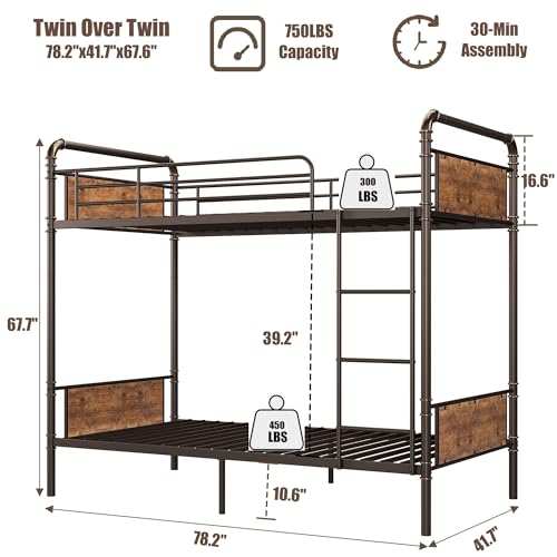 IDEALHOUSE Metal Bunk Bed Twin Over Twin, Twin Bunk Beds, Heavy Duty Twin Size Metal Bunk Bed with High Guardrail & Ladders, Convertible Bunk Beds for Kids Adults, No Box Spring Needed