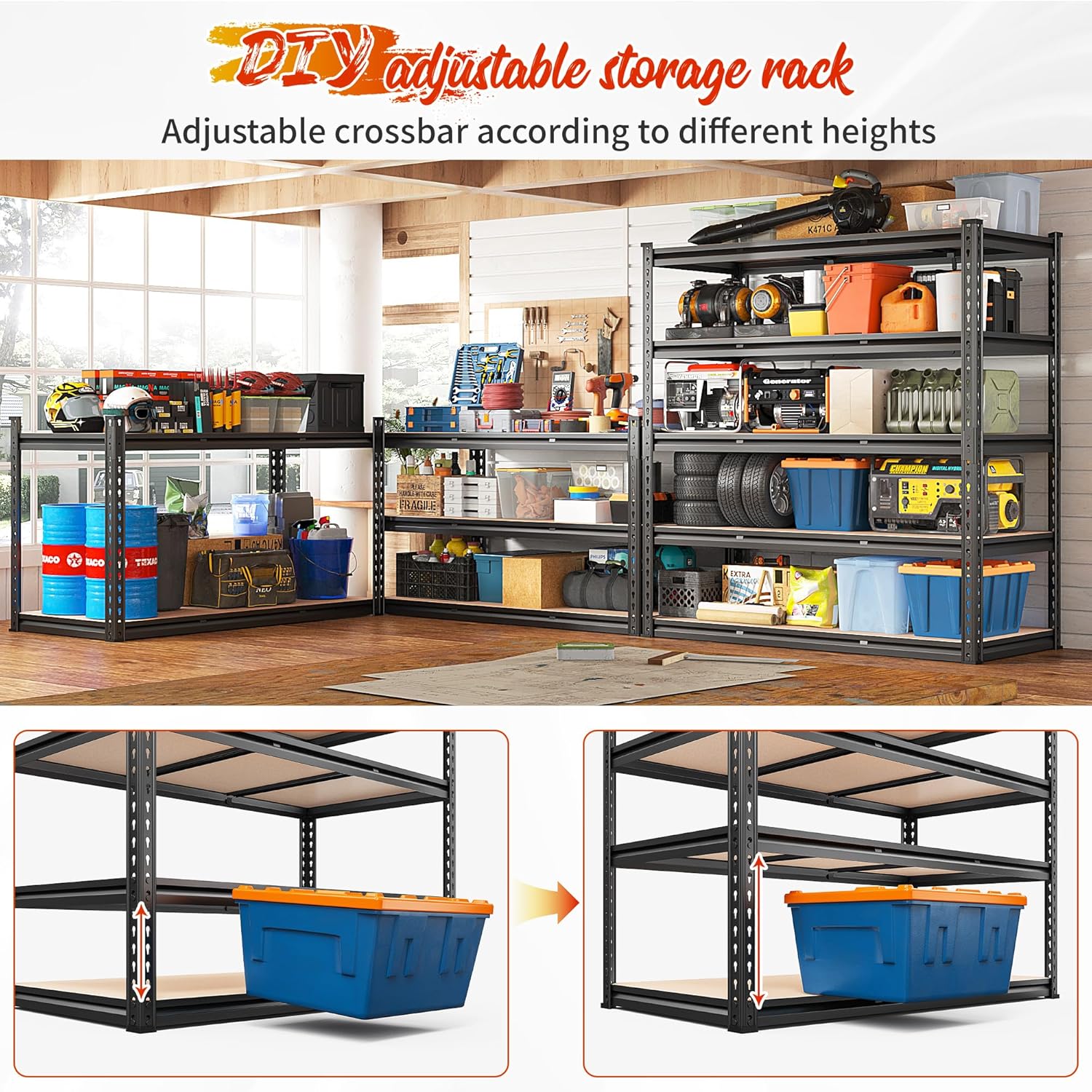 REIBII 48" W Garage Shelving Heavy Duty Storage Shelves 5 Tier 3020LBS Adjustable Shelves for Garage Storage Industrial,47.9" W X71.2 H X 24" D