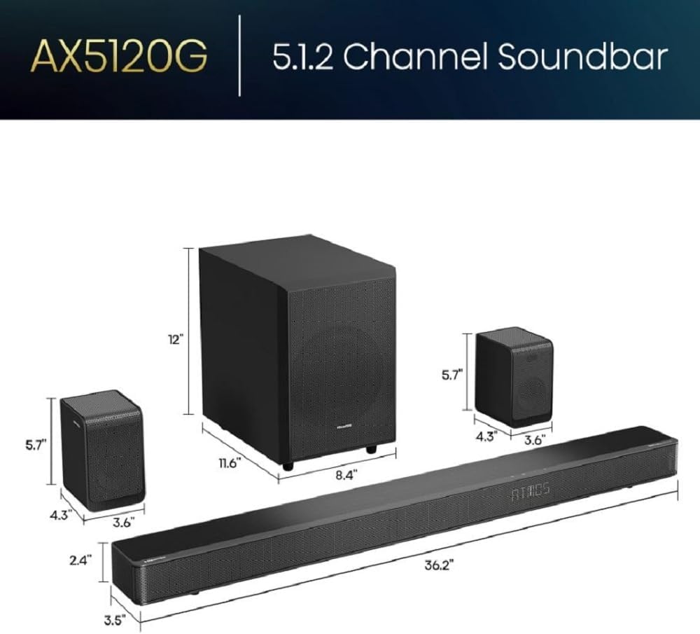 Hisense AX5120G 5.1.2Ch Sound Bar with Wireless Subwoofer, 420W, Dolby Atmos, Bluetooth 5.3, EzPlay, 4K HDMI Pass Through, Roku TV Ready, DTS: X, HDMI/AUX/ARC/Optical/USB, 7 EQ Modes