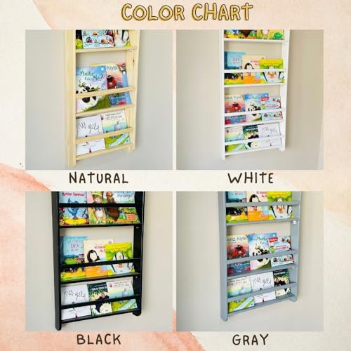 Handmade Solidwood Wall Mounted Montessori Kids Bookshelf, 4 tier Book Display for Children Bedroom, Nursery Furniture Bookcase, Wood Pine Tree Book Organiser for Living Room (Walnut)