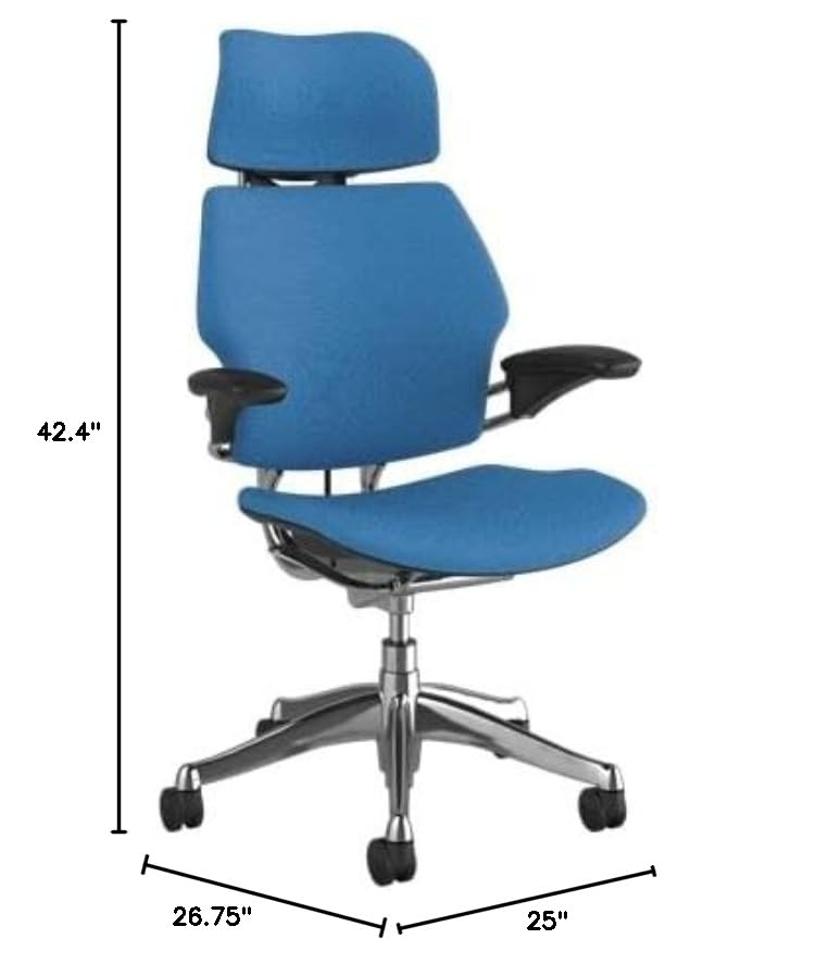 Humanscale Freedom Office Chair with Headrest - Ergonomic Work Chair with Standard Height Adjustable Duron Arms - Wheels for Carpet - Polished Aluminum Frame with Black Corde 4 Fabric