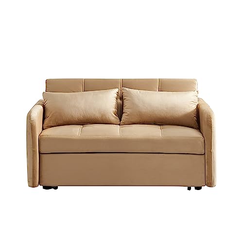 Convertible Sleeper Sofa Chair 3 in 1 Pull-Out Bed, Velvet Loveseat Twins SofaBed for Living Room, Bedroom, Balcony, RV, A-Khaki