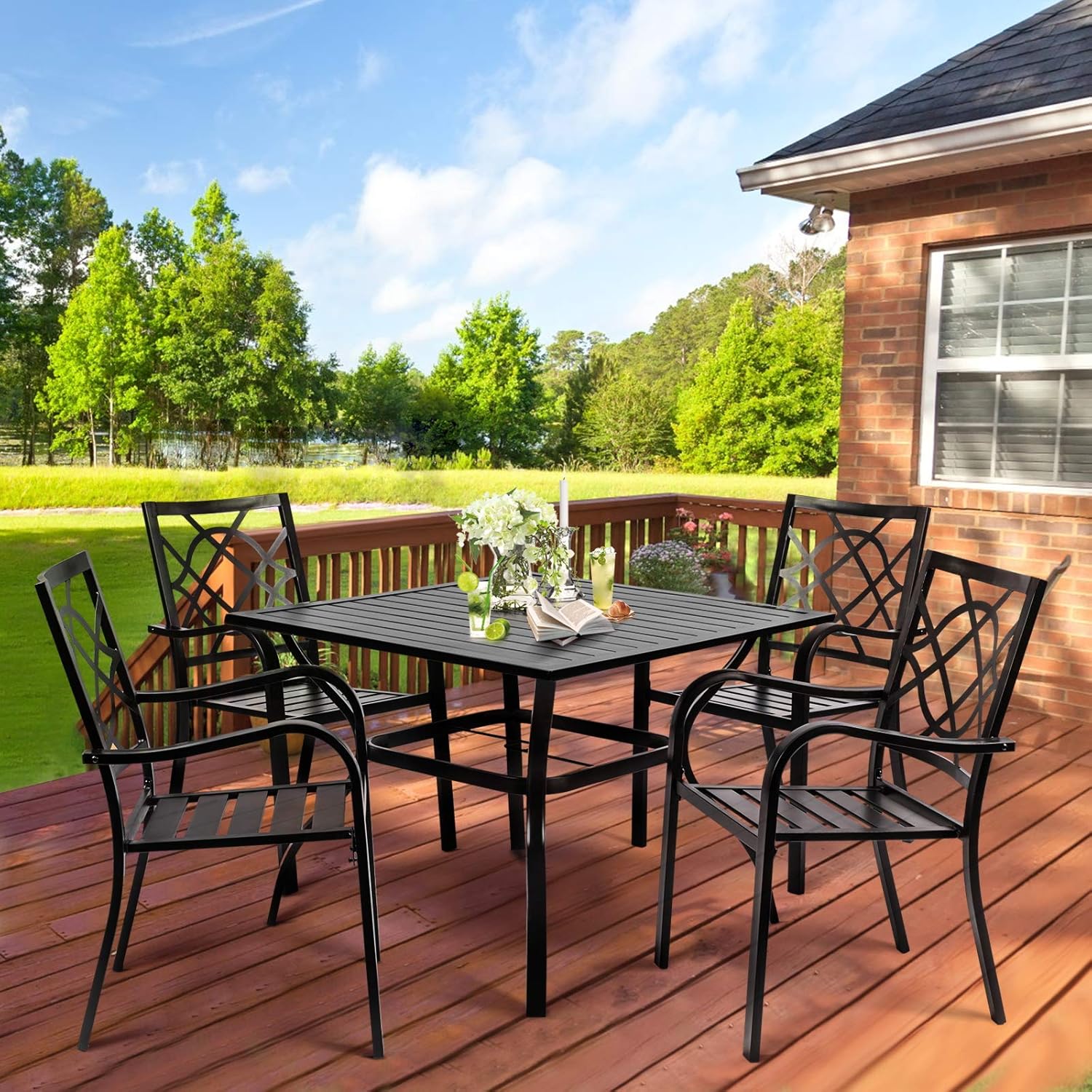 SUNCROWN 5-Piece Outdoor Wrought Iron Chairs and Table Patio Dining Furniture Set - 4 Stackable Metal Chairs and 1 Square Steel Slat Bistro Table with 1.57" Umbrella Hole for Backyard Garden Deck
