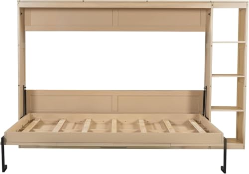 Full Murphy Bed with Storage Shelves,Wood Murphy Bed Cabinet with Storage Bookcase,Fold Up Bed Modern Murphy Wall Bed Full Size (White,Full)