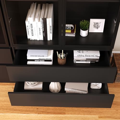 Tempered Glass Door Display Cabinet with LED Lights and 3 Storage Shelves,Tall Modern Display Storage Organizer with 2 Drawers and 2 Doors,Bookcase Bookshelf for Living Room,Home Office,Black