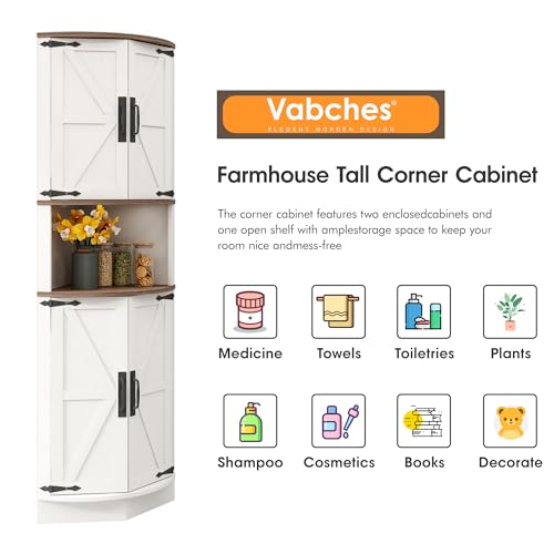 Vabches 64.8" Tall Farmhouse Corner Cabinet with 4 Doors and 5 Storage Shelves, Farmhouse Storage Cabinet with Barn Door Design, Home Space Saver for Living Room, Kitchen, Laundry Room,Grey
