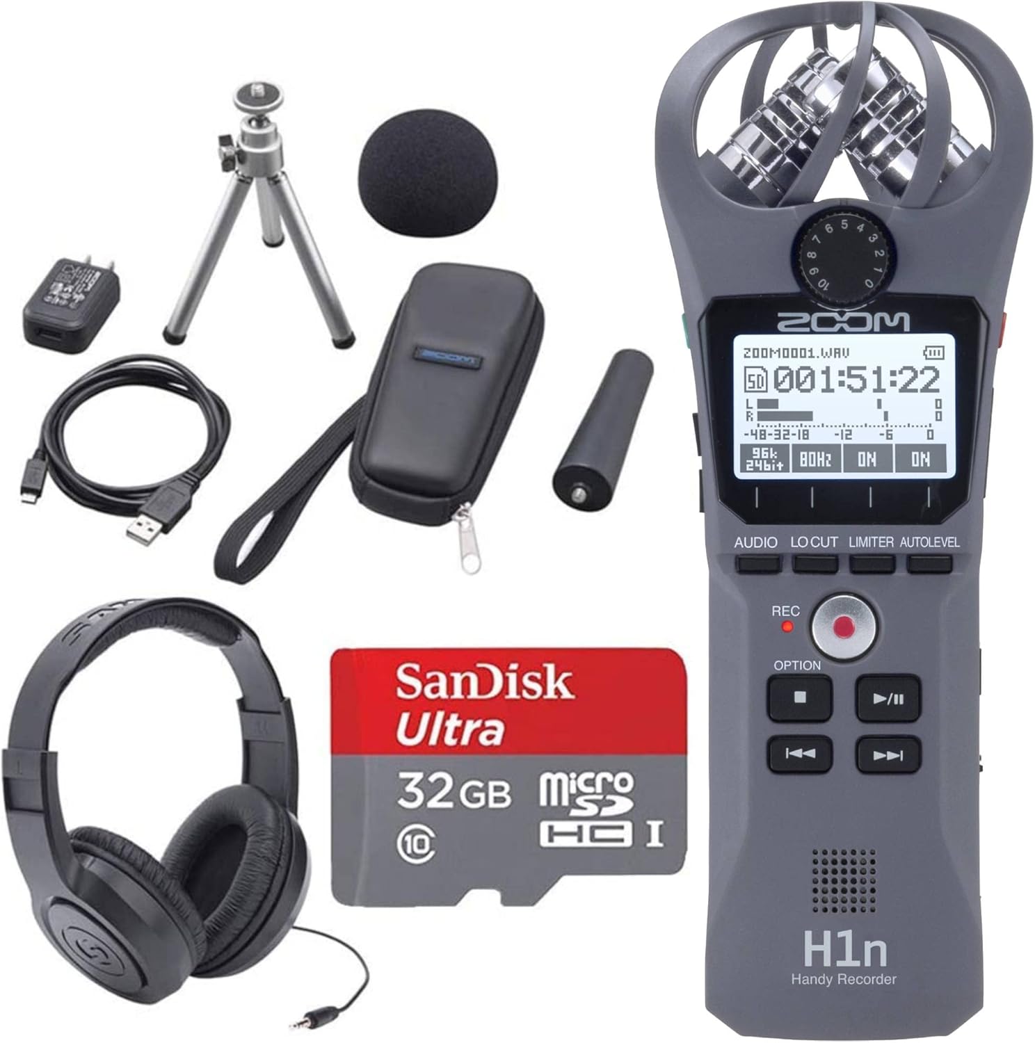 Zoom H1n 2-Input / 2-Track Portable Handy Recorder with Onboard X/Y Microphone + Zoom APH-1n Accessory Pack + 32GB microSDHC UHS-I Card with Adapter + Stereo Headphones - Complete Bundle (Black)