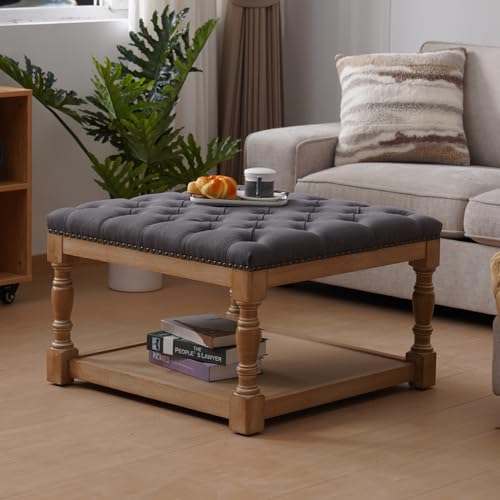 33-inch Large Square Ottoman Coffee Table with Storage Shelf and Solid wood Legs - Button Tufted Upholstered Linen Ottoman stool for Living room，Office, Bedroom, Farmhouse (Beige)