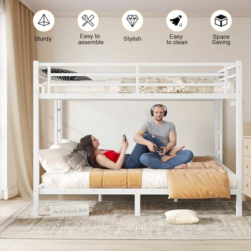 Twin XL Over Twin XL Bunk Bed, Metal Bunk Bed Frame Heavy Duty Bunk Beds Loft Bed Frame with Ladder and Guardrail Metal Slats No Box Spring Required for Adults Teens, Black