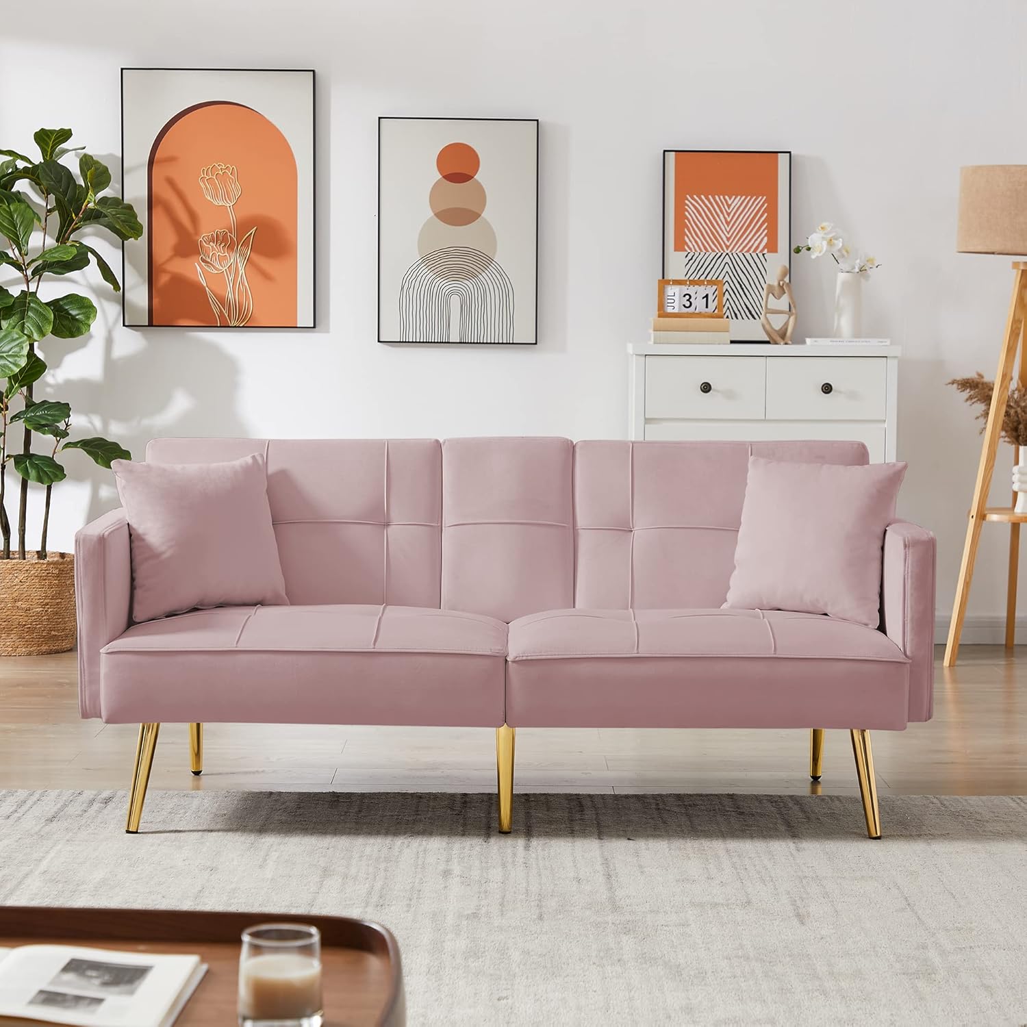 WILLIAMSPACE 69" Velvet Modern Convertible Love Seat, Futon Loveseat Sleeper Sofa Bed with 2 Cup Holders, Metal Legs for Small Living Room, Apartments - Pink