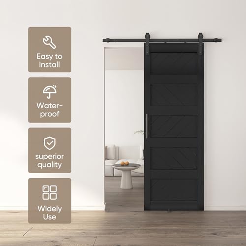 JUBEST 36" x 84" Barn Door, Slding Barn Door Kit Wave Shape Barn Door Panel with Hardware Kit Include, Easy Installation, Solid Wood, MDF & PVC Covered, Black