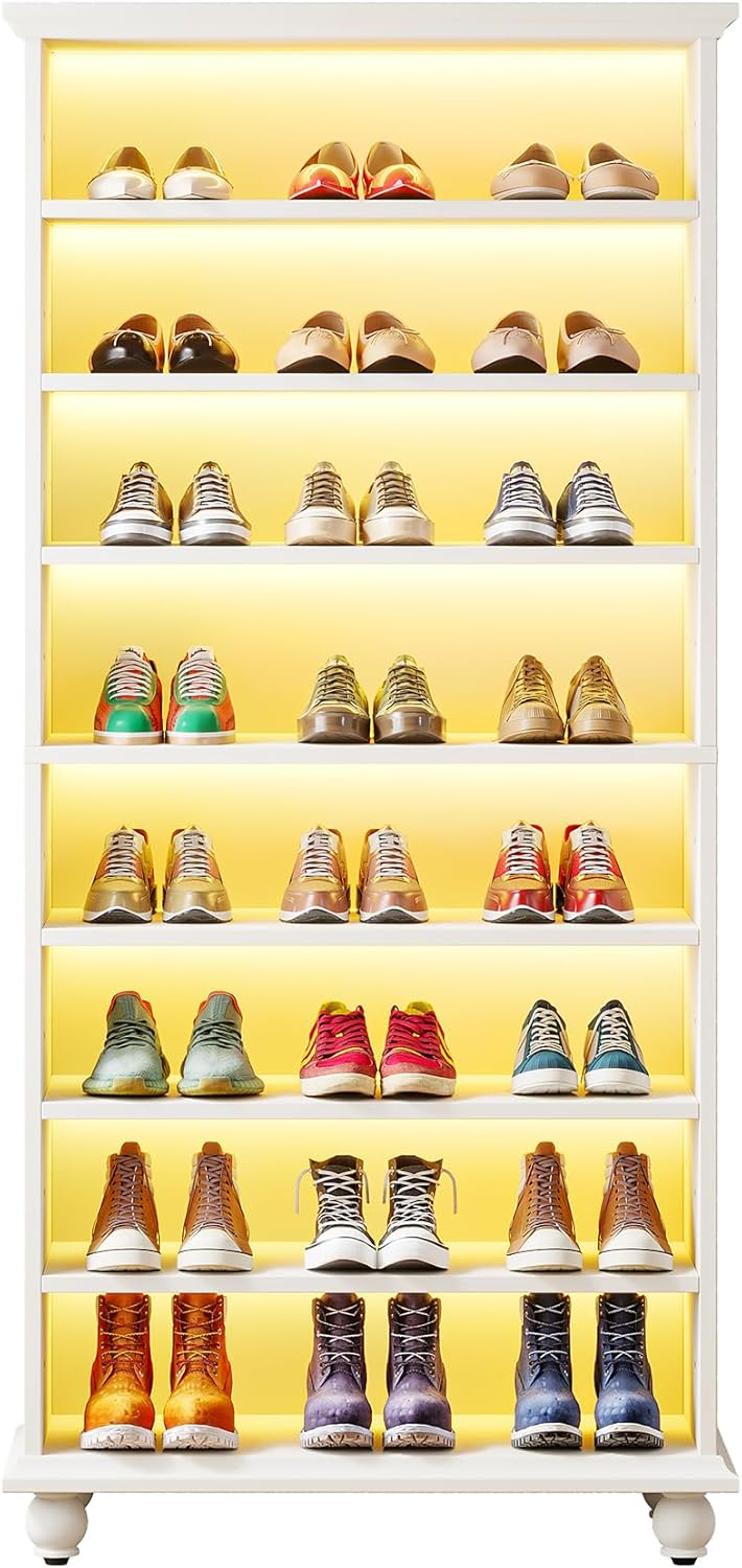 69" Tall Shoe Storage Cabinet with LED Lighting, 9-Tier 30 Pairs Freestanding Shoes Display Cabinet with Solid Wood Legs for Entryway, White