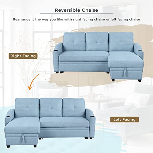 80.3" Pull Out Sofa Bed Modern Padded Upholstered Sofa Bed, Linen Fabric 3 Seater Couch with Storage Chaise and Cup Holder, Small Couch for Small Spaces Primary Living Room Sectionals