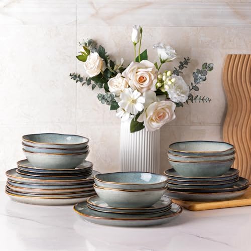 AmorArc Ceramic Dinnerware Sets,Handmade Reactive Glaze Plates and Bowls Set,Highly Chip and Crack Resistant | Dishwasher & Microwave Safe,Service for 8 Dishes Set (24pc)