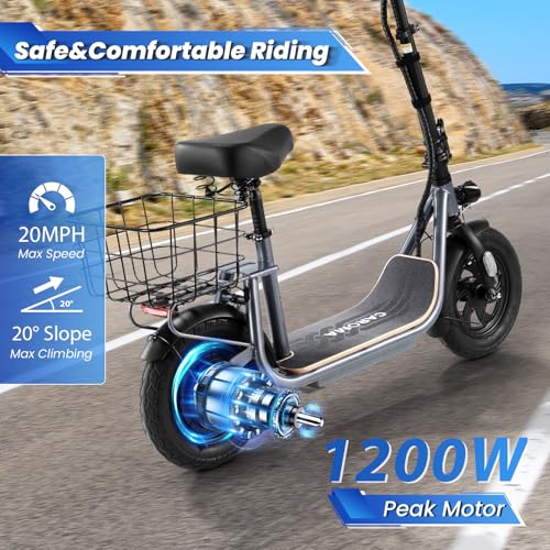 Caroma Peak 800W/1200W Electric Scooter Adults, 30 Miles Max Range, Foldable Electric Scooter with Seat, Front Suspension, Detachable Large Basket,Commuter E-Scooter for Adult and Teens