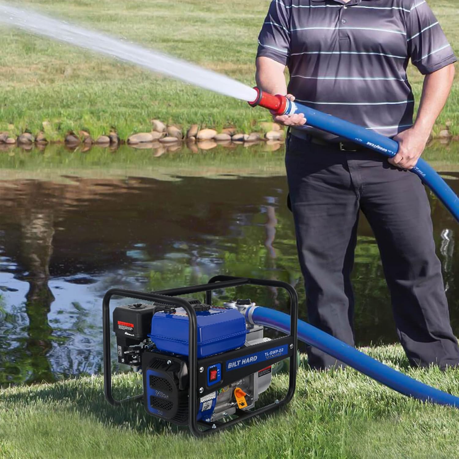 BILT HARD Semi-Trash Water Pump 2 inch, 158 GPM 7HP Gas Powered Water Transfer Pump, with Water Hose Kit