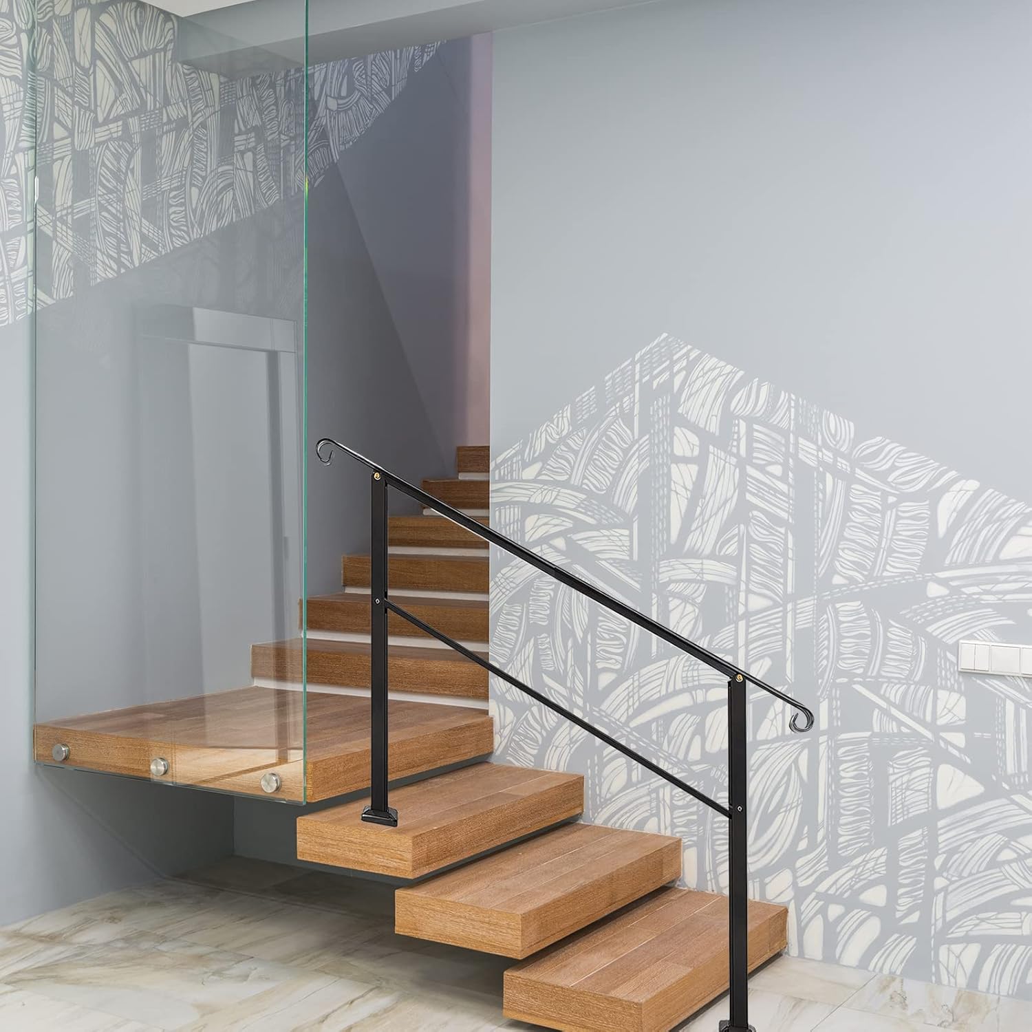 Outdoor Stair Railing,Black Wrought Iron Handrail,4 Step Transitional Handrail Metal Adjustable Outdoor Handrails for Exterior Steps with Installation Kit,Handrail with Installation Kit